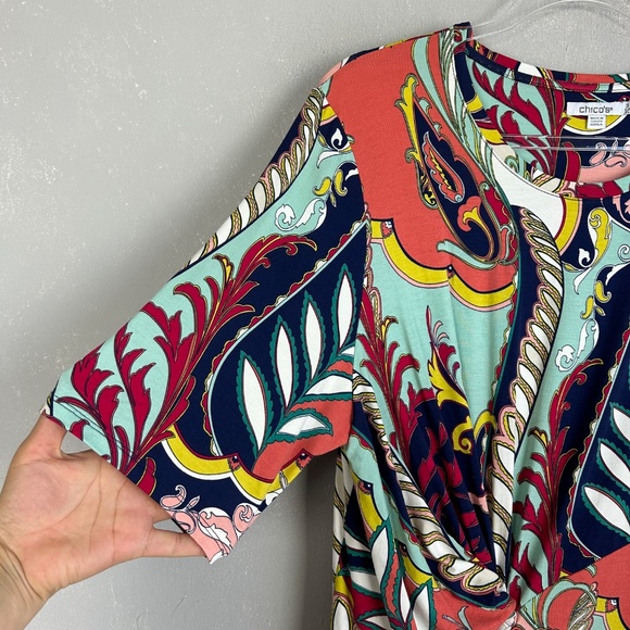 Chicos size 3 /XL touch of cool abstract draped tunic top colorful short sleeve - Picture 6 of 14